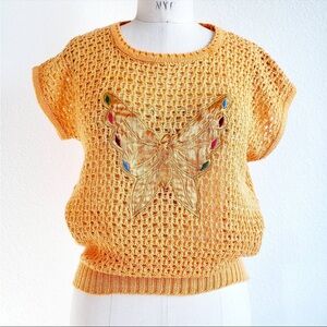 Vintage 80s Orange Butterfly Open Knit Short Sleeve Sweater Top